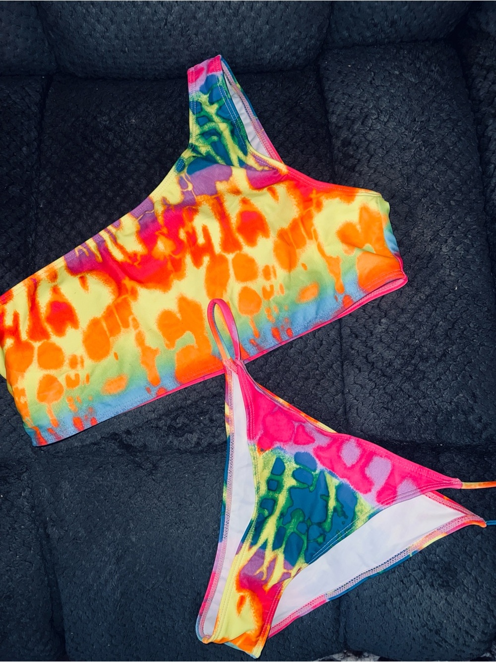 One-Shoulder Neon Tie-Dye Bikini Set - Multicolor